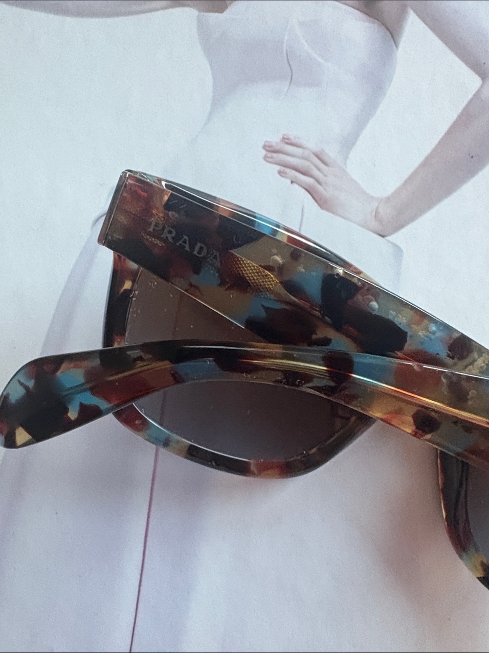 Prada Multicolor Patterned Acetate Sunglasses - Blue, Brown, Gold Accents - Picture 15 of 15